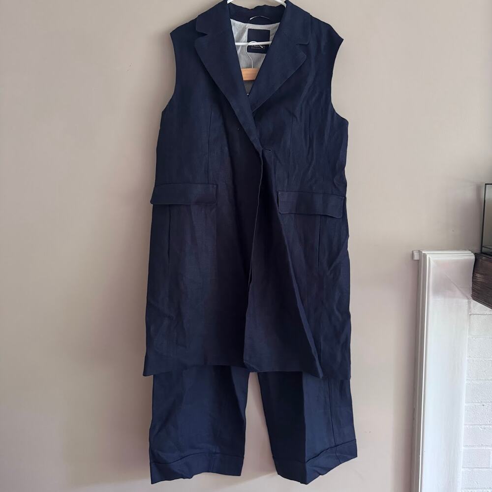 'S MAX MARA Marie Linen Long Vest and Trouser Pants Set Navy Blue Size 14